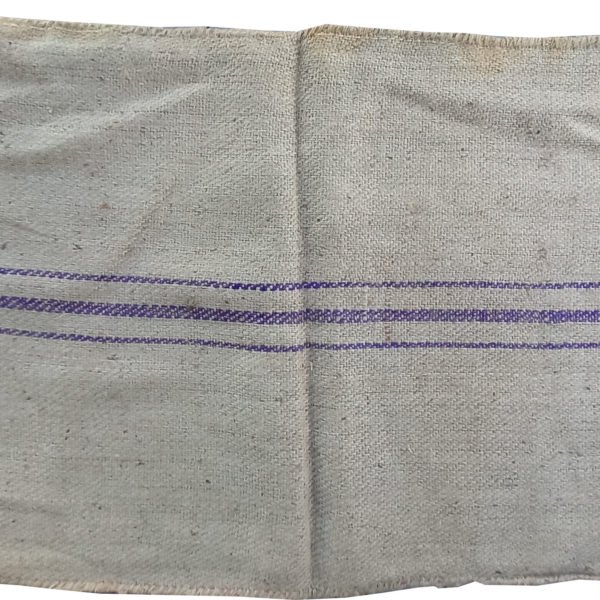 Hessian sack with blue stripes down the centre liine