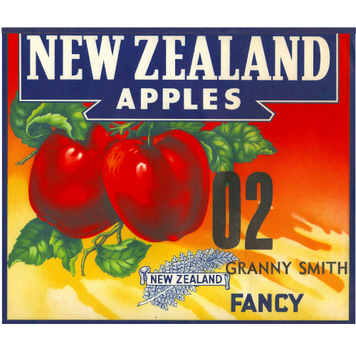 1950s New Zealand apple crate label for Granny Smith apples, marked Fancy 02, vintage fruit packaging artwork.