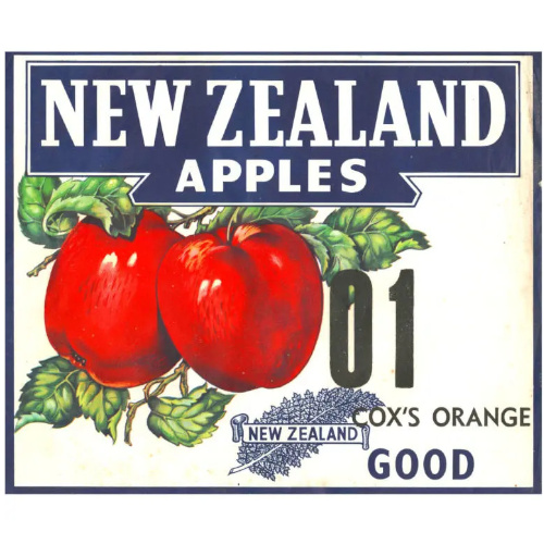 Vintage New Zealand apple crate label for Cox’s Orange Pippin apples, marked Good 01, featuring retro fruit packaging artwork.