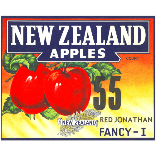 Vintage New Zealand apple crate label for Red Jonathan apples, marked Fancy-I 55, featuring retro fruit packaging artwork.