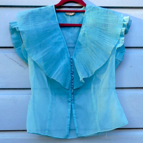 Vintage See Through Blouse with Ruffled Collar Light Blue size S-M by Pastello (VC-022)
