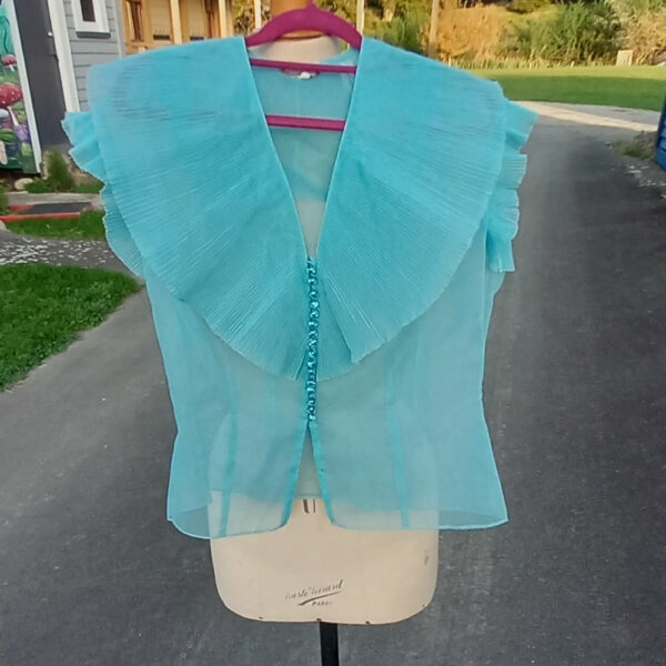 Vintage See Through Blouse with Ruffled Collar Light Blue size S-M by Pastello (VC-022) - Image 2