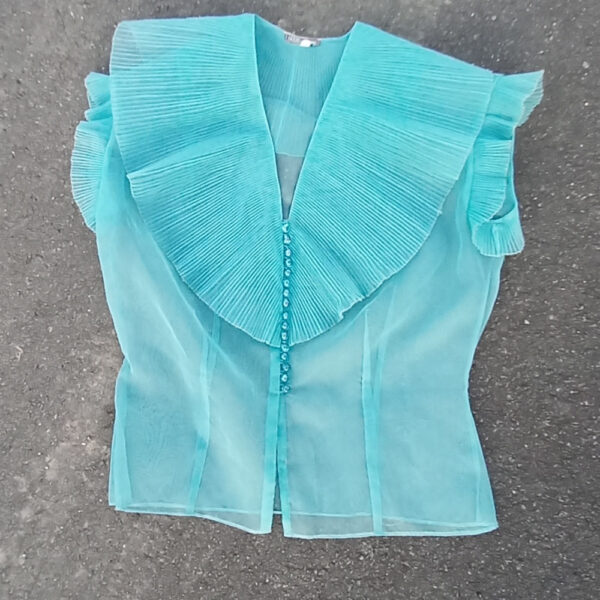 Vintage See Through Blouse with Ruffled Collar Light Blue size S-M by Pastello (VC-022) - Image 3
