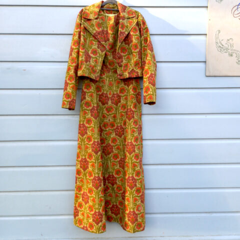 Vintage Full Length Co-Ord Dress with Jacket Green/Orange size M-L (VC-023)