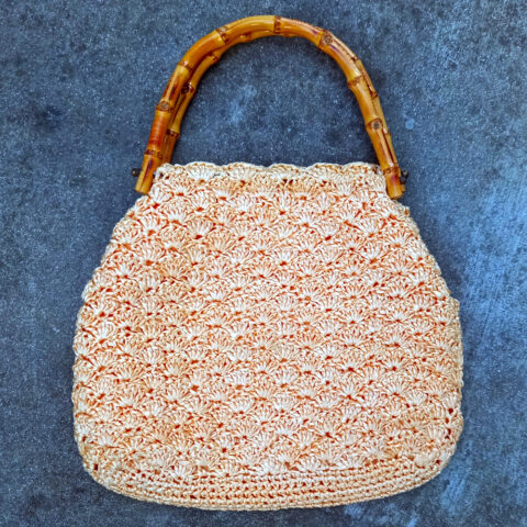 Vintage Crochet Raffia Purse Apricot with Bamboo Handles (VC-035)