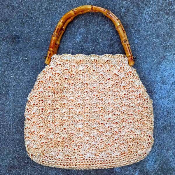 Vintage Crochet Raffia Purse Apricot with Bamboo Handles (VC-035)