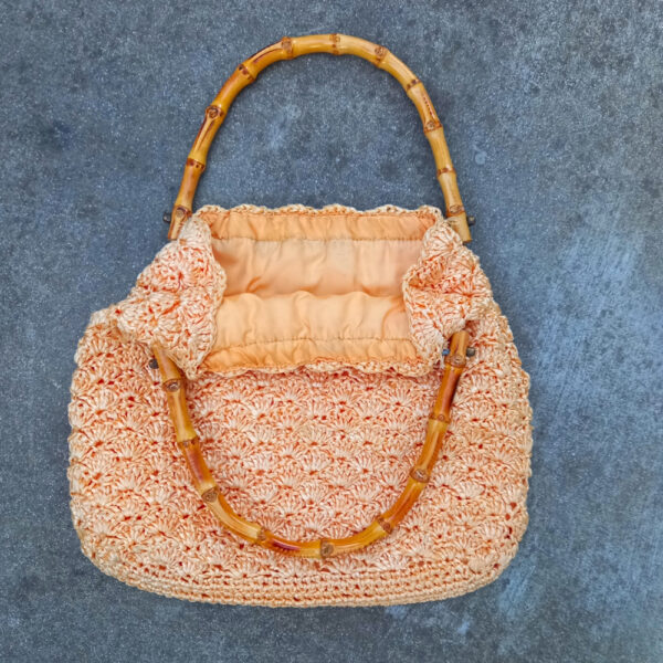 Vintage Crochet Raffia Purse Apricot with Bamboo Handles (VC-035) - Image 2