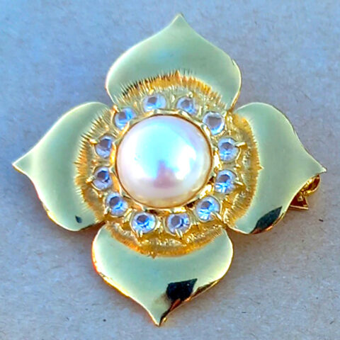 Vintage Gold Tone Brooch With Faux Pearl and Rhinestone by Emma Page (VCAJ-007)