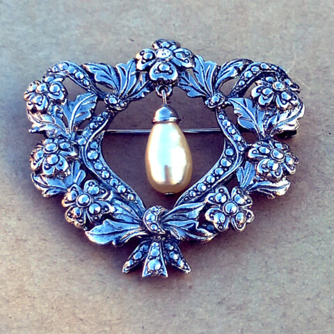 Vintage Ornate Heart Shaped Floral Brooch With Faux Pearl Drop (VCAJ-009)
