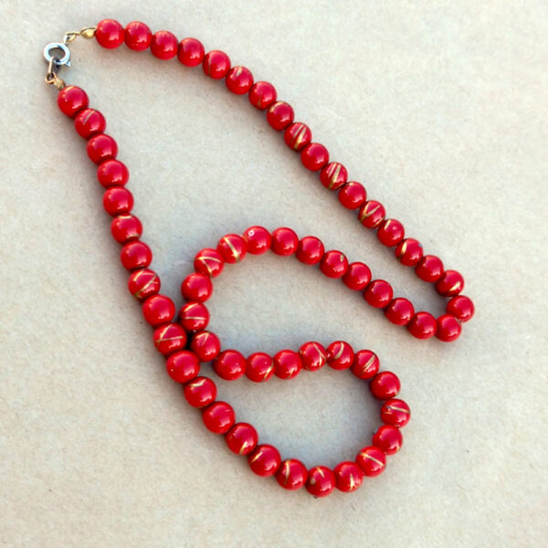 Vintage Necklace Red Beads with Gold Decoration (VCAJ-012) - Image 2