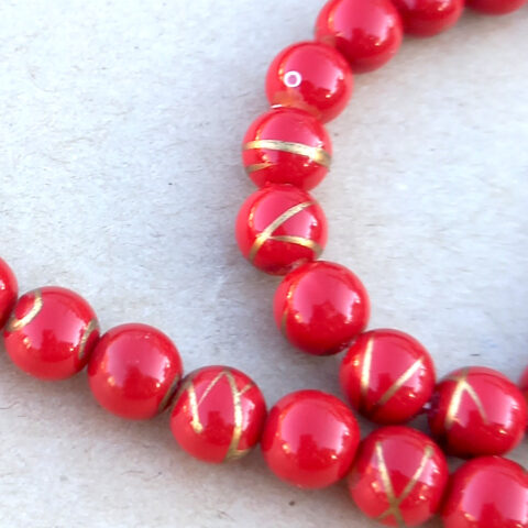 Vintage Necklace Red Beads with Gold Decoration (VCAJ-012)