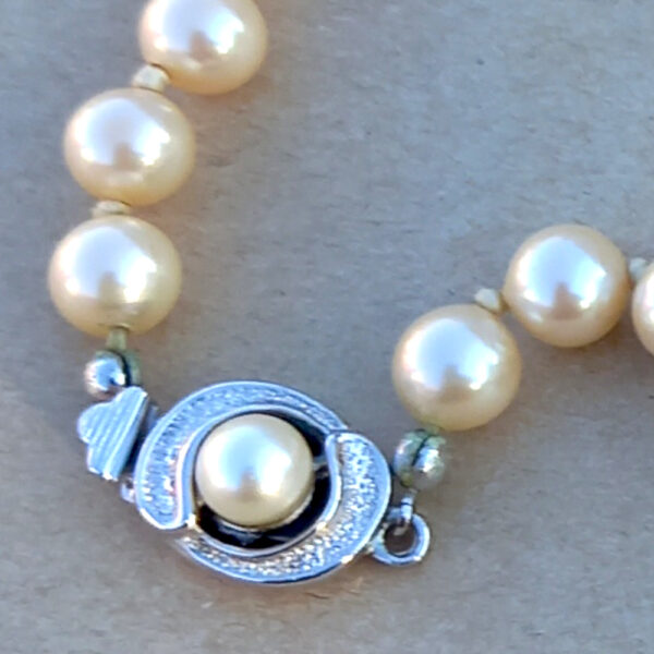 Vintage Faux Pearl Necklace With Fancy Clasp Knotted Between Pearls (VCAJ-013) - Image 2