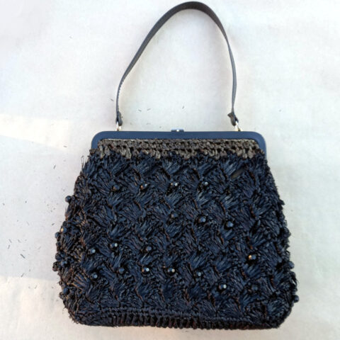 Vintage Crochet Raffia Shell Handbag Black with Beads (VCBA-001)