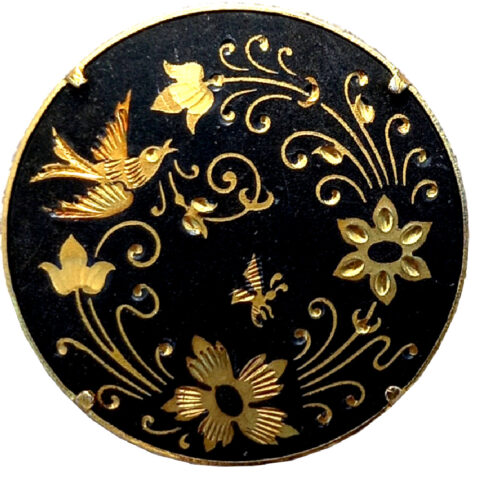 Vintage Toledo Damascene Brooch Round with Bird and Flowers (VCAJ-043)