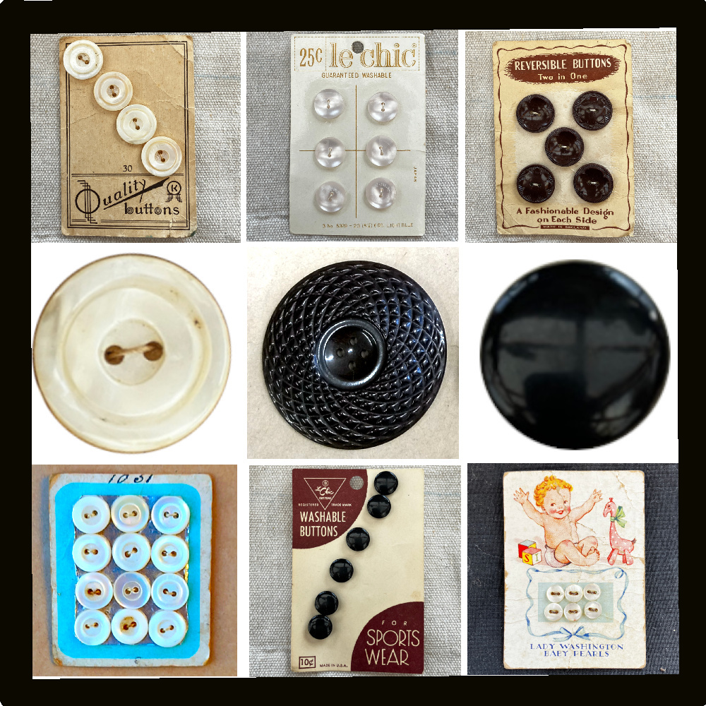 Assorted vintage buttons in black, white, grey, cream, and mother-of-pearl finishes