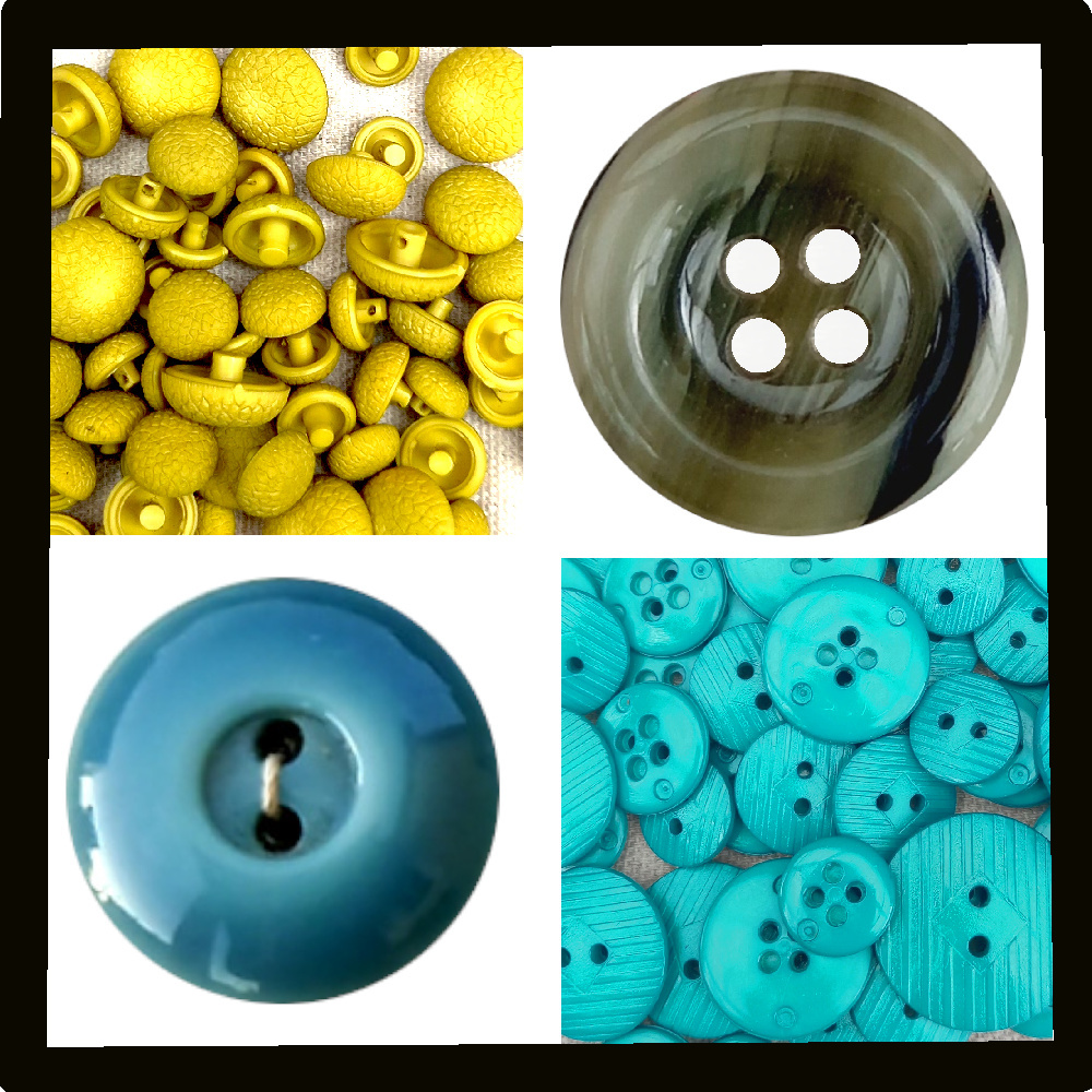 Assorted vintage buttons in green, olive, and turquoise colors