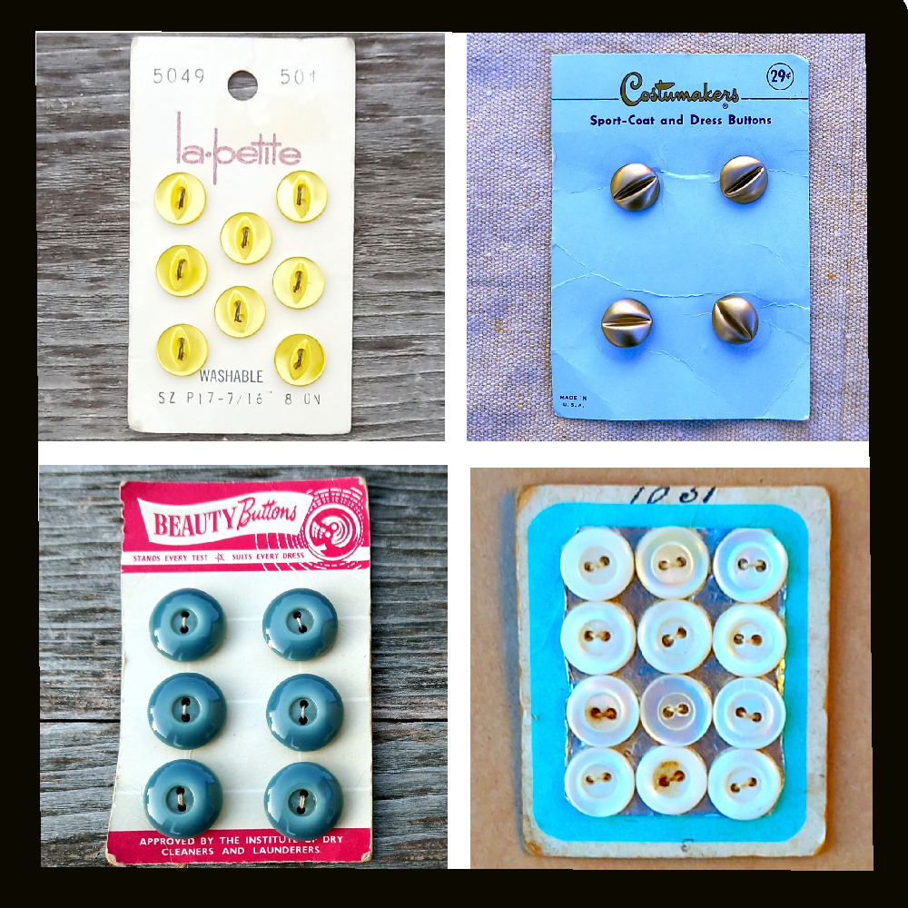 Assortment of vintage buttons displayed on their original cards, showcasing classic designs and colors