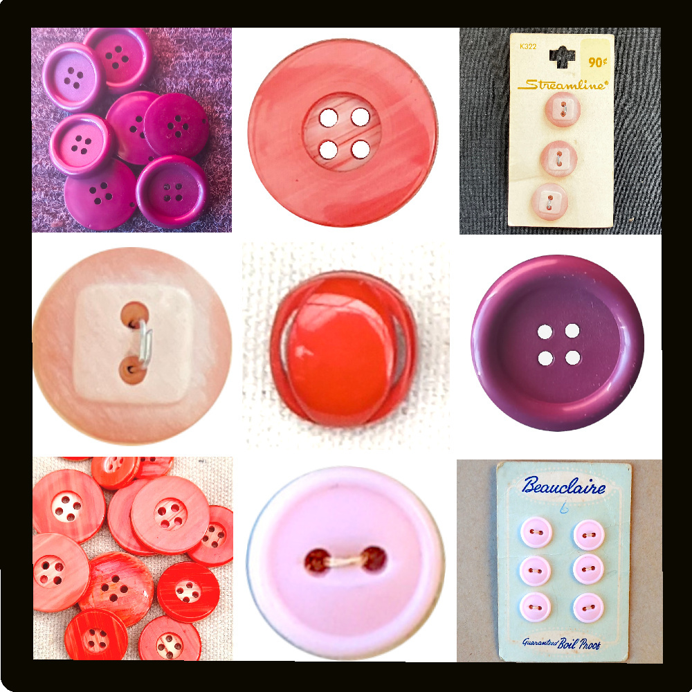 Assorted vintage buttons in red, purple, and pink colors