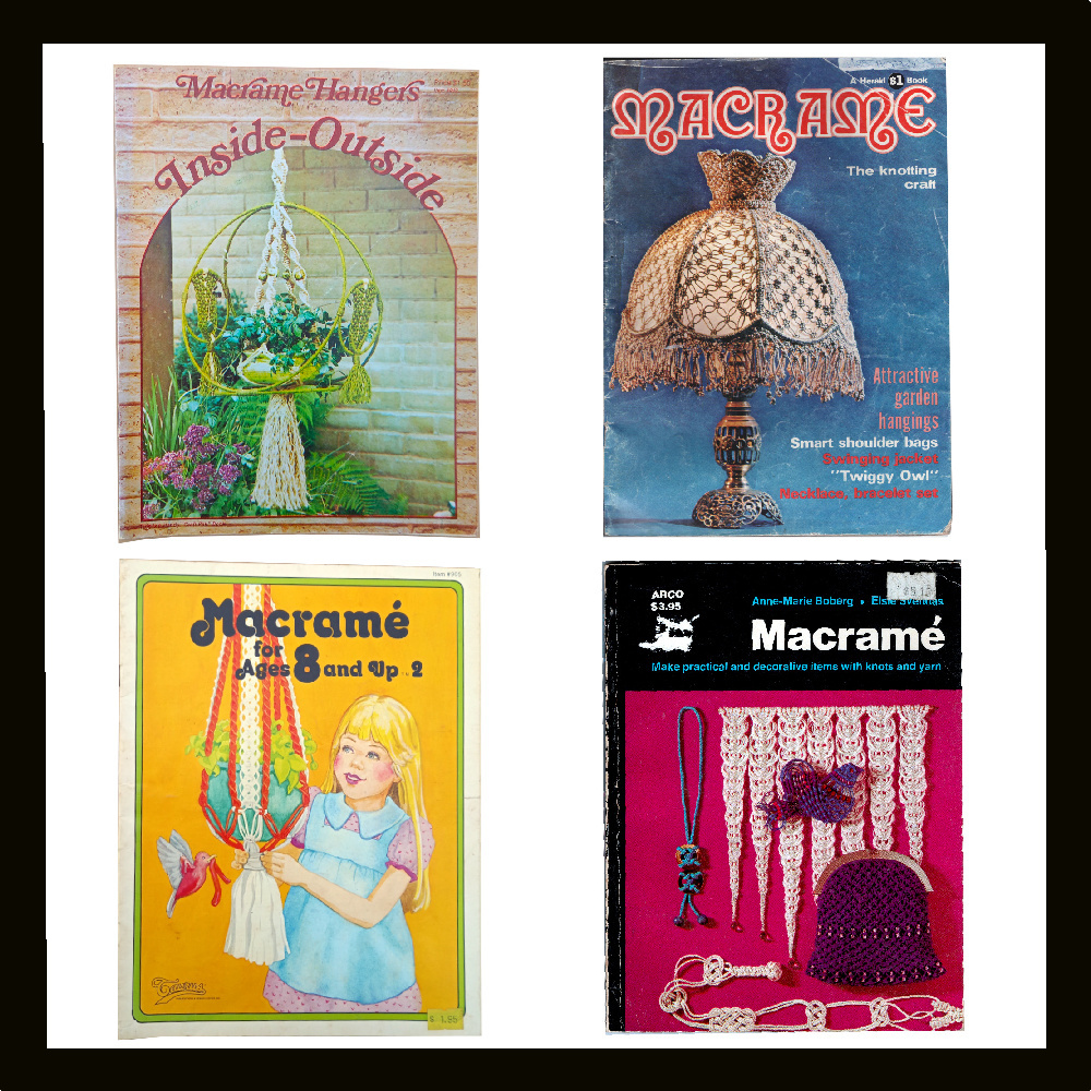 Stack of macramé books with cords, knots, and handmade wall hangings displayed on a wooden surface