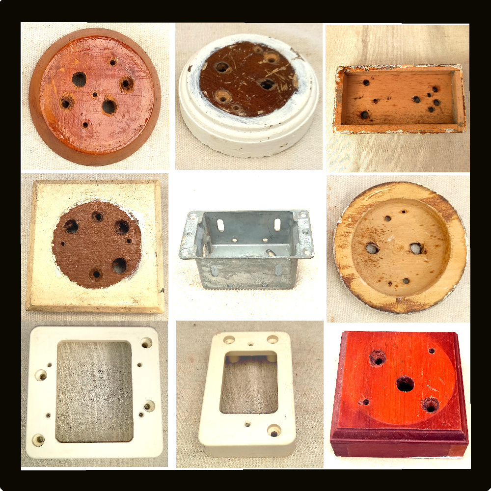 Vintage Bakelite, metal, and wooden mounting blocks, ideal for retro electrical and home restoration projects, showcasing timeless craftsmanship and classic design.