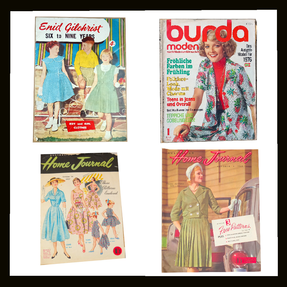 Collection of vintage sewing magazines including Burda, displaying retro fashion patterns and DIY guides