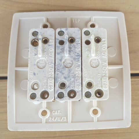 Vintage white triple rocker power switch by PDL 60 Series retro electrical fitting