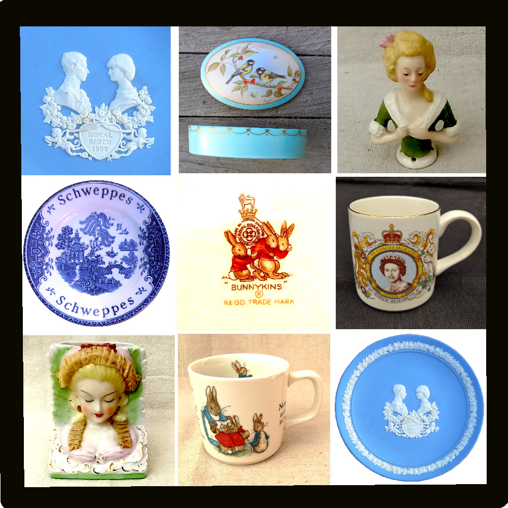 Assorted antique and decorative China and porcelain items for sale, including plates, cups, vases, and figurines