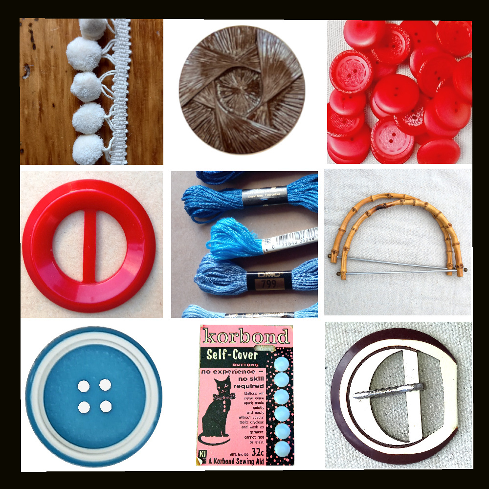 Assortment of haberdashery items including colorful embroidery threads, buttons, belt buckles, and ribbons on a crafting table