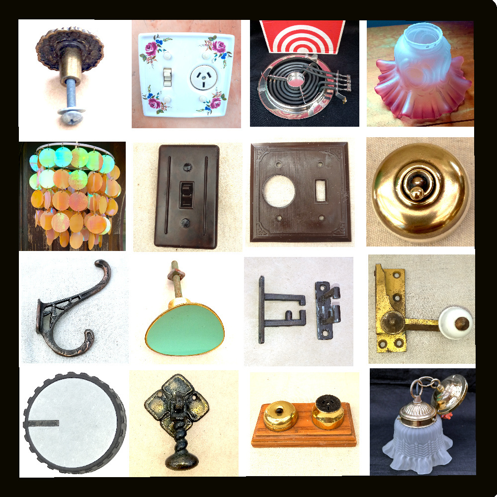 Vintage home renovation items, including lamps, electrical fixtures, handles, and other hardware, perfect for restoring your home with classic retro style.
