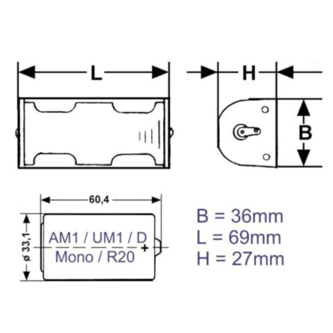 Plastic battery holder with solder lugs designed for one D battery including Mono, AM1, UM1, and R20 types