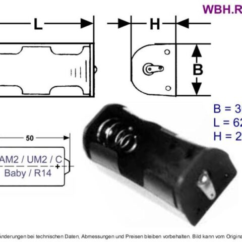 Plastic battery holder with solder lugs designed for one C battery including Baby, AM2, UM2, and R14 types