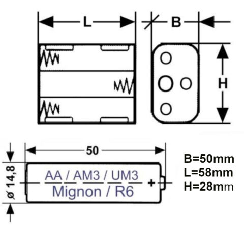Plastic battery holder designed to hold six AA batteries for electronics projects