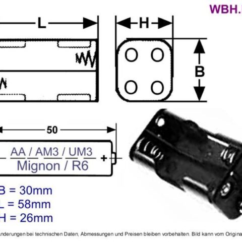 Plastic battery holder designed to hold four AA batteries including AM3, UM3, Mignon, R6, and LR6 types