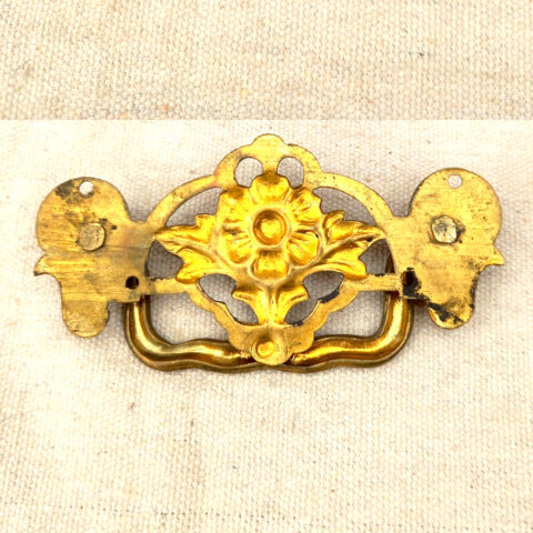 Vintage decorative brass swing pull handle with 81mm centre to centre spacing for furniture and cabinet restoration