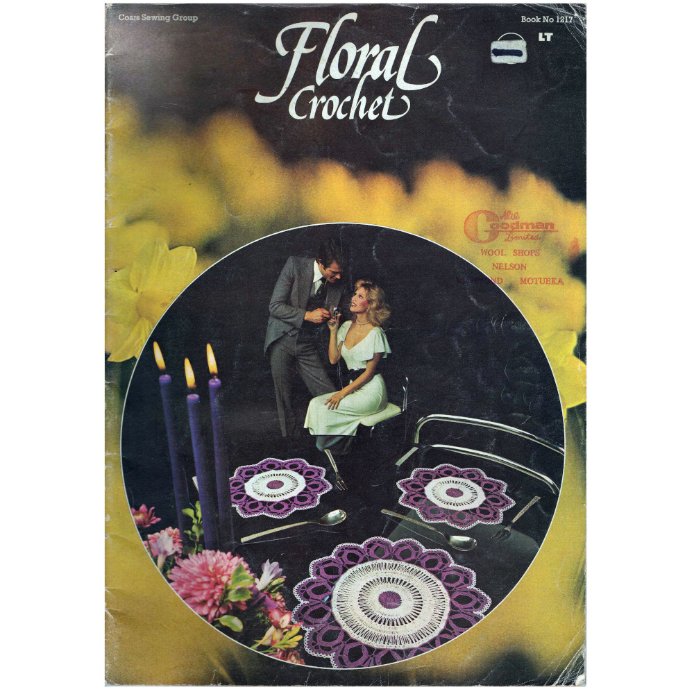 Floral Crochet by J & P Coats Book No 1217 vintage crochet pattern book with flowers, DIY home décor, handmade accessories, and craft projects