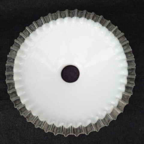 Antique white opaline glass pendant lamp shade with decorative frilled edge and smooth glossy finish.