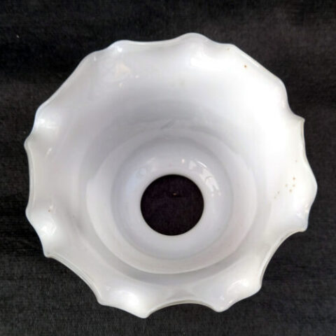 White bell-shaped pendant light shade with decorative frilled rim and classic design