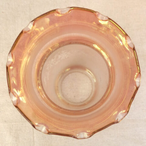 vintage pink frosted glass lamp shade with decorative edged pattern and soft diffused glow