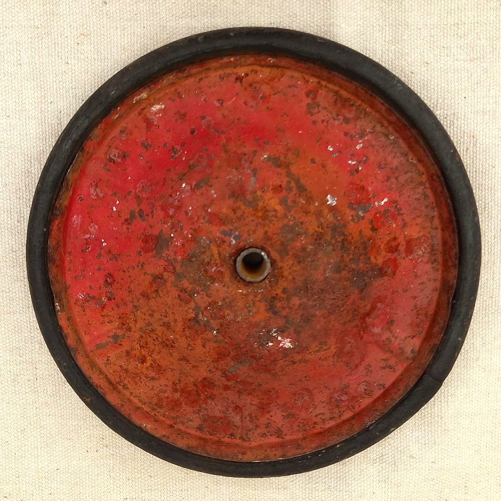 Vintage toy wheel 145mm diameter with black rubber tire and metal hub for restoration or DIY use
