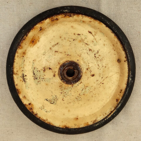 Vintage toy wheel 145mm diameter with black rubber tire and metal hub for restoration or DIY use