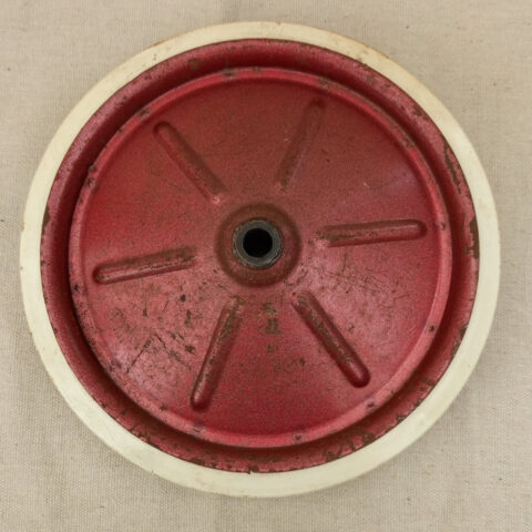 Vintage toy wheel 175mm diameter with white rubber tire and metal hub for restoration or DIY use