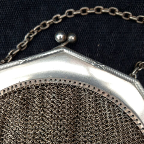 Antique Alpacca K & K silver mesh purse with ornate frame and fine metal mesh, vintage evening handbag.