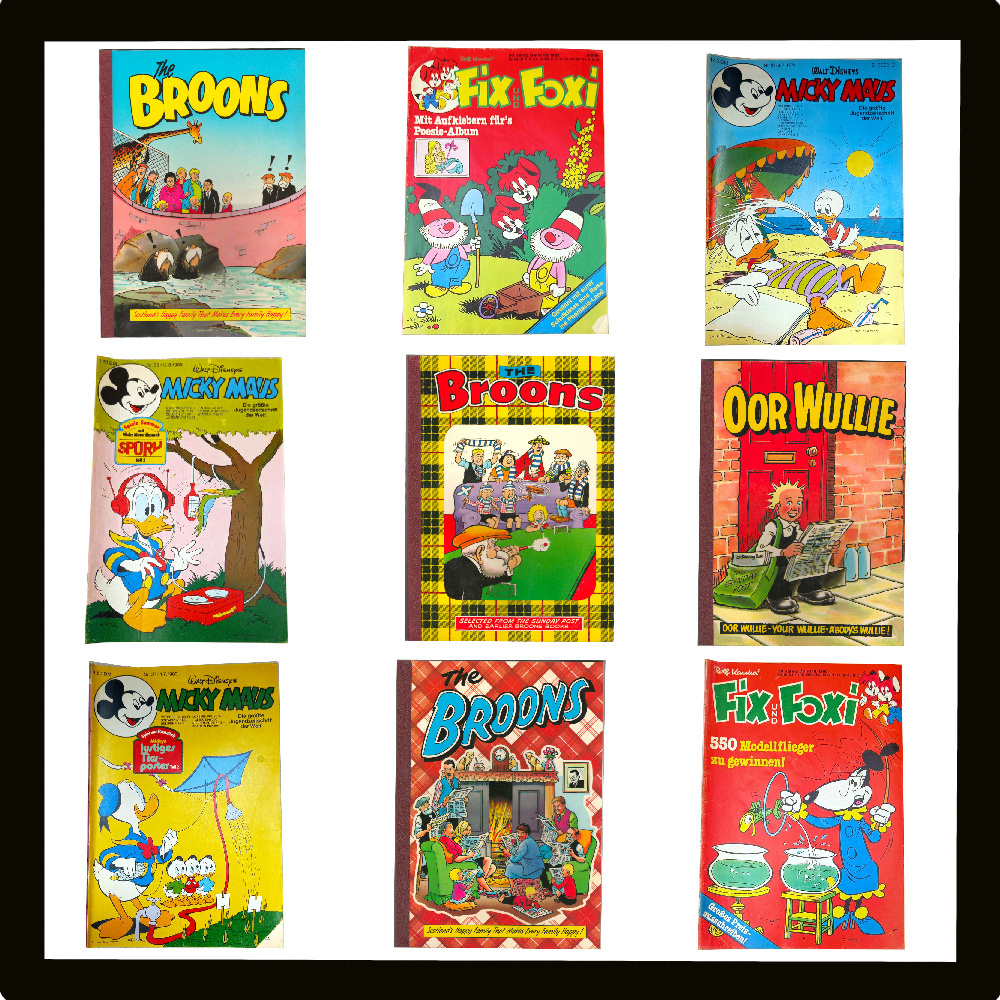 Collection of vintage comics including The Broons, Oor Wullie, Mickey Mouse, and Fix & Foxi with colorful retro covers