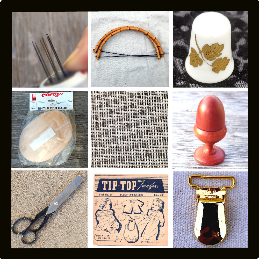 Miscellaneous haberdashery items including scissors, embroidery material, zips, pattern tracing wheels, darning mushroom, and more.