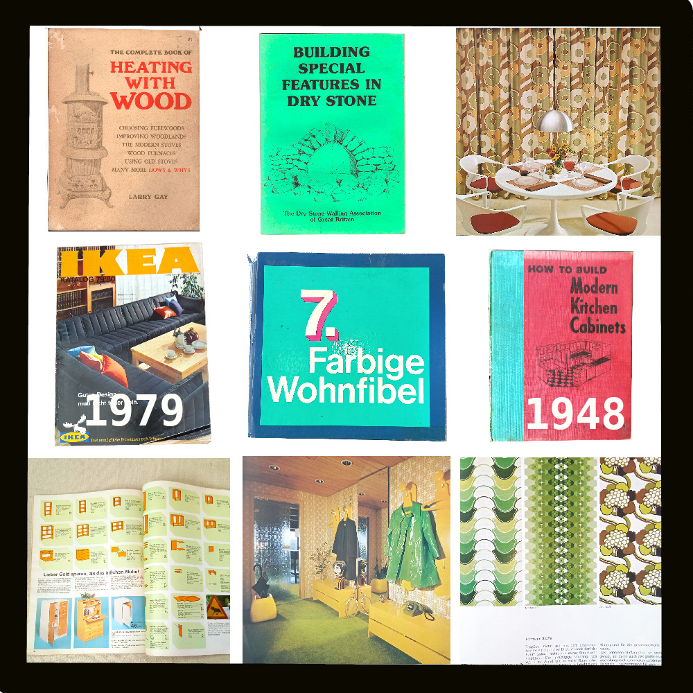 Stack of vintage interior design books with retro home décor images, fabrics, and color swatches displayed on a table