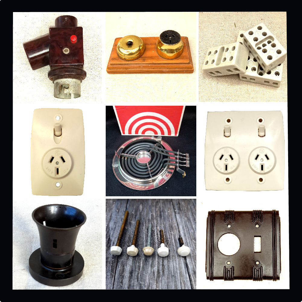 Vintage electrical items including cooktop elements, power sockets, ceramic fuses, and porcelain terminal blocks, ideal for retro appliance restorations and antique collections.