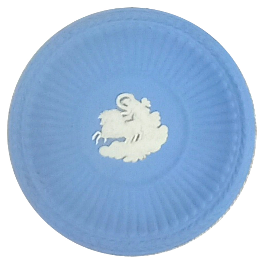 Small blue jasperware plate by Wedgwood showing a white classical chariot scene in raised relief on a matte background
