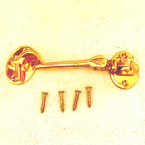 Heavy-duty brass cabin hook used for securing a door, gate, or shutter.