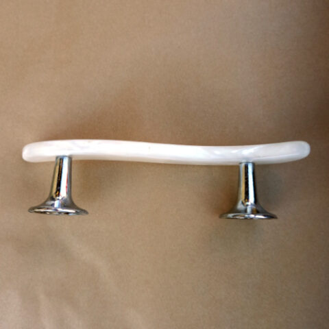 White marbled Lucite mid-century handle with 100mm center spacing and smooth acrylic finish