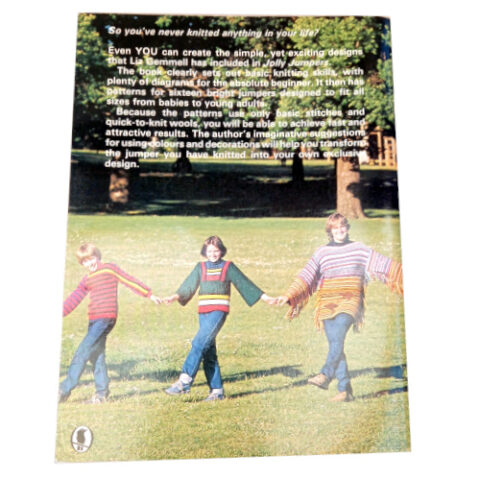 Jolly Jumpers knitting book by Liz Gemmell featuring 16 easy sweater patterns for beginners